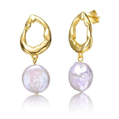 Rozzato Lab Created Sterling Silver 14K Gold Plated with White Coin Freshwater Pearl Twisted Halo Circle Drop Earrings