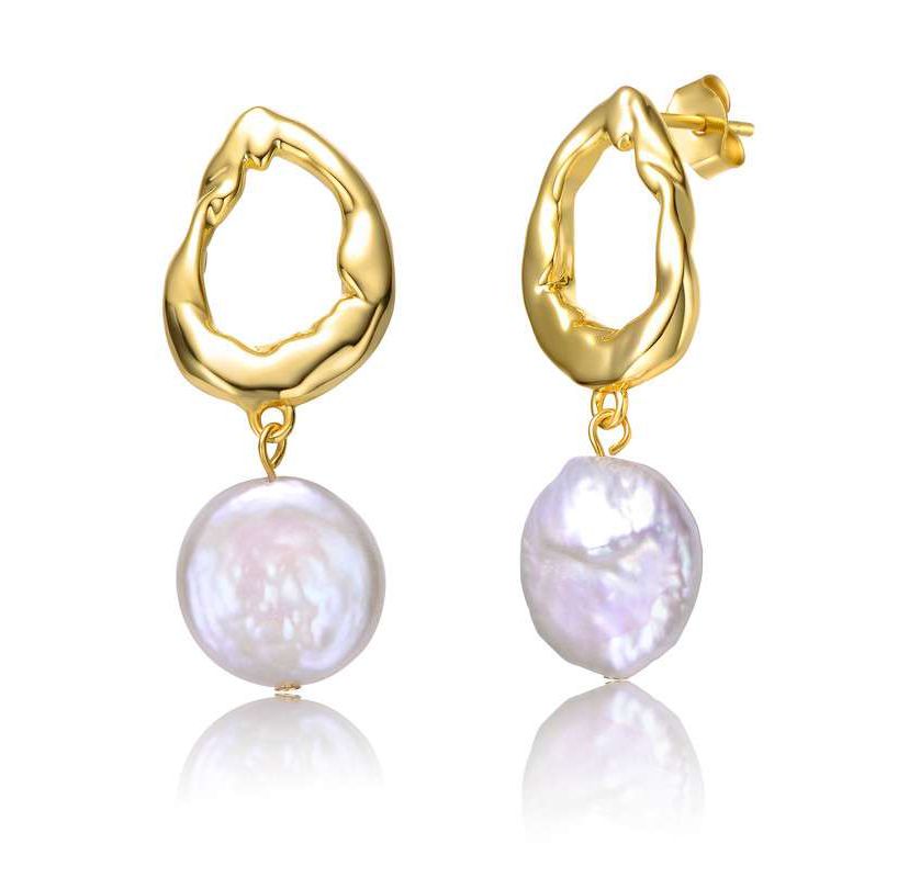 Lab Created Sterling Silver 14K Gold Plated with White Coin Freshwater Pearl Twisted Halo Circle Drop Earrings