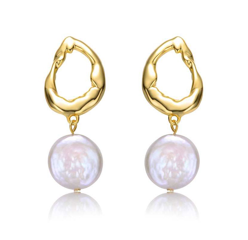 Lab Created Sterling Silver 14K Gold Plated with White Coin Freshwater Pearl Twisted Halo Circle Drop Earrings