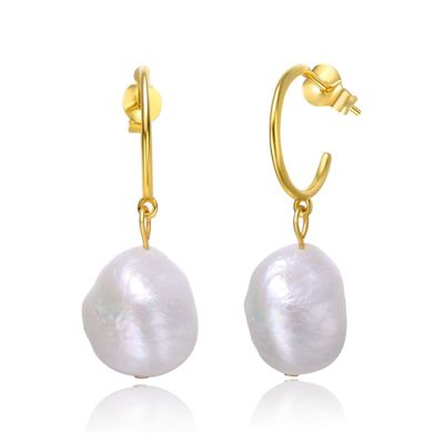 Rozzato Lab Created Sterling Silver 14K Gold Plated with Oval White Freshwater Pearl Dangle Drop C-Hoop Earrings