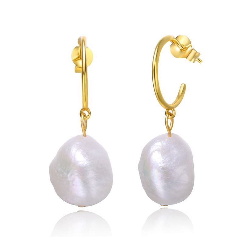 Lab Created Sterling Silver 14K Gold Plated with Oval White Freshwater Pearl Dangle Drop C-Hoop Earrings