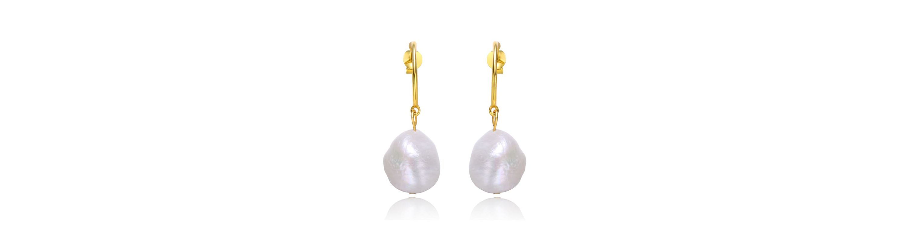 Lab Created Sterling Silver 14K Gold Plated with Oval White Freshwater Pearl Dangle Drop C-Hoop Earrings