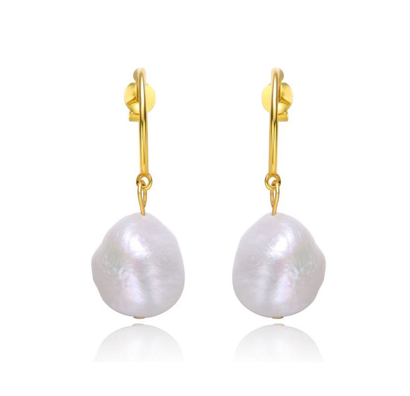Lab Created Sterling Silver 14K Gold Plated with Oval White Freshwater Pearl Dangle Drop C-Hoop Earrings