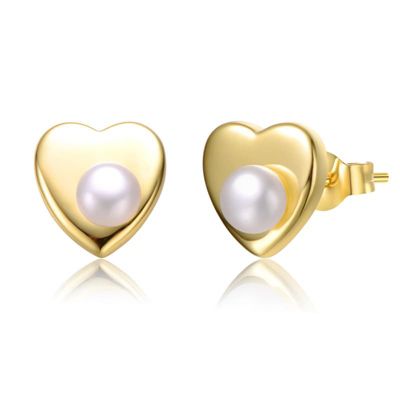 Rozzato Lab Created Sterling Silver 14K Gold Plated with White Freshwater Pearl Heart Stud Earrings