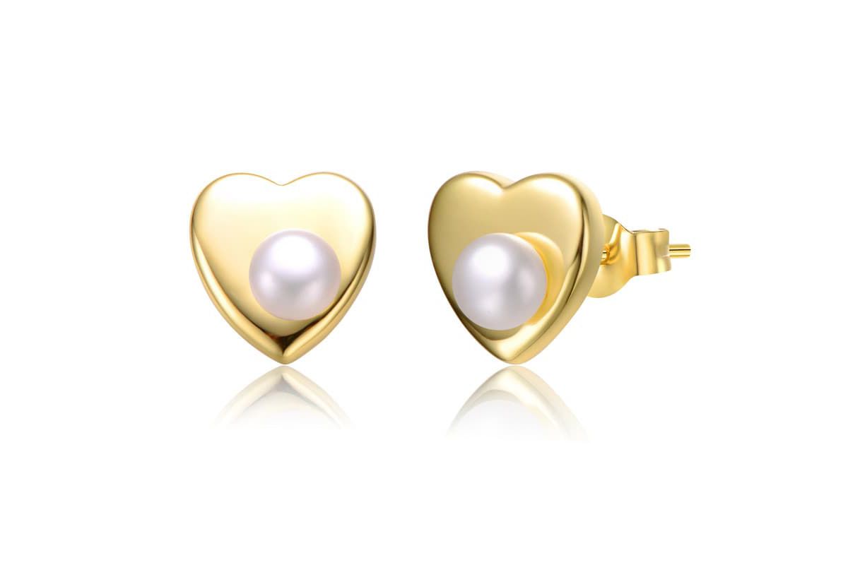 Lab Created Sterling Silver 14K Gold Plated with White Freshwater Pearl Heart Stud Earrings