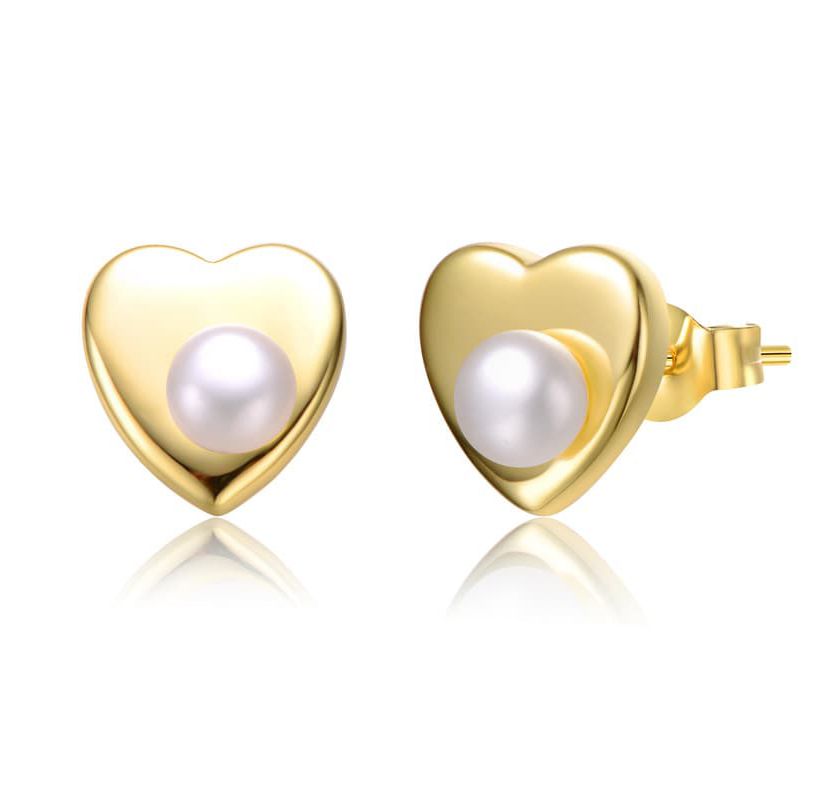 Lab Created Sterling Silver 14K Gold Plated with White Freshwater Pearl Heart Stud Earrings