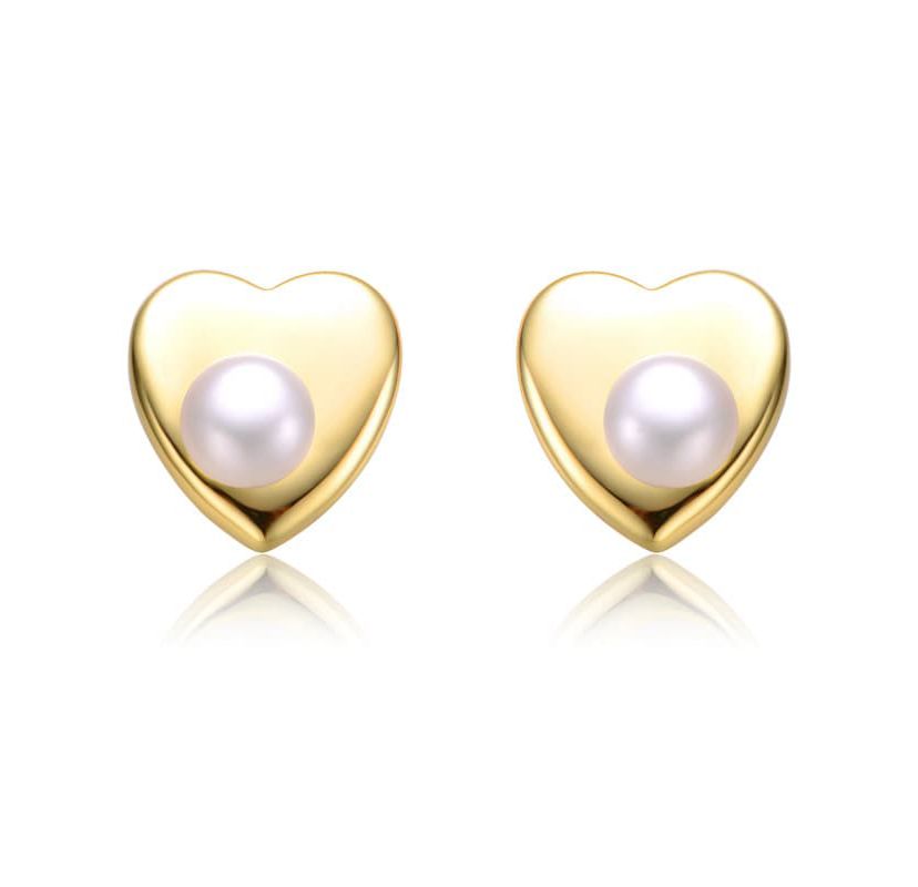 Lab Created Sterling Silver 14K Gold Plated with White Freshwater Pearl Heart Stud Earrings