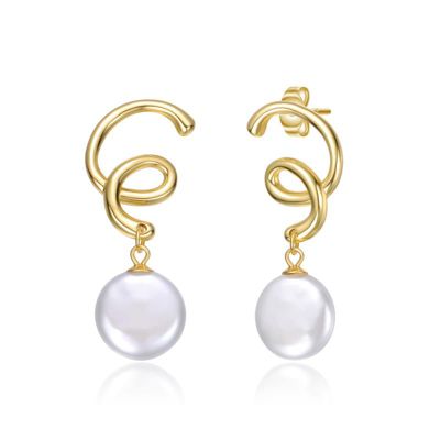 Rozzato Lab Created Sterling Silver 14K Gold Plated with White Freshwater Pearl Spiral Drop Earrings
