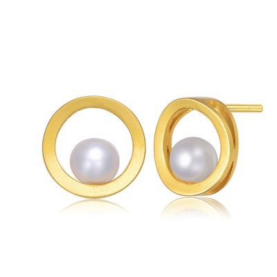 Rozzato Lab Created Sterling Silver 14K Gold Plated with Genuine Freshwater Round Pearl Stud Earrings