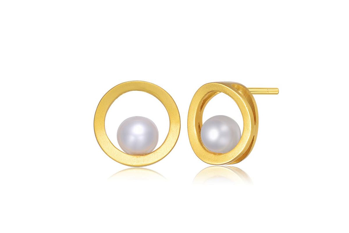 Lab Created Sterling Silver 14K Gold Plated with Genuine Freshwater Round Pearl Stud Earrings