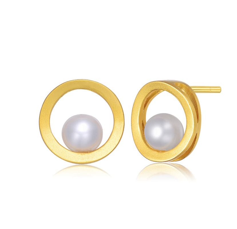 Lab Created Sterling Silver 14K Gold Plated with Genuine Freshwater Round Pearl Stud Earrings