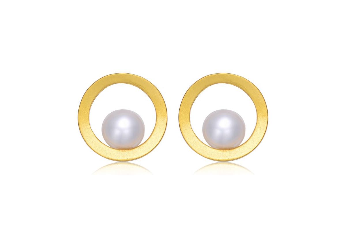 Lab Created Sterling Silver 14K Gold Plated with Genuine Freshwater Round Pearl Stud Earrings