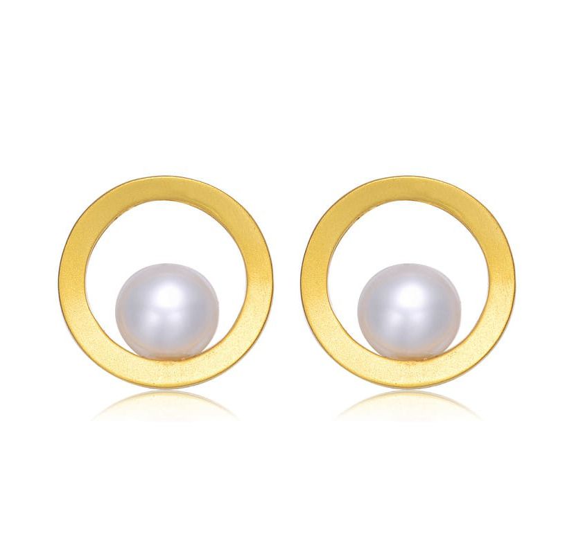 Lab Created Sterling Silver 14K Gold Plated with Genuine Freshwater Round Pearl Stud Earrings