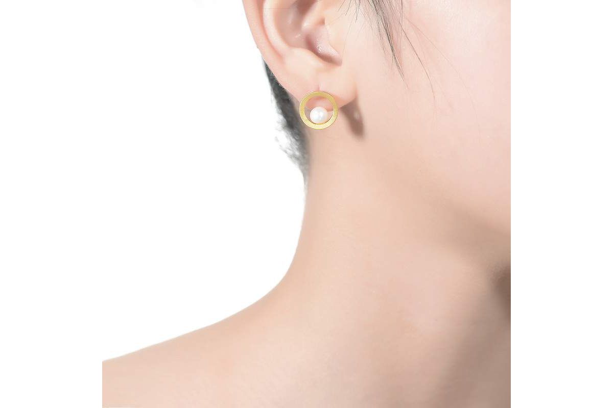 Lab Created Sterling Silver 14K Gold Plated with Genuine Freshwater Round Pearl Stud Earrings