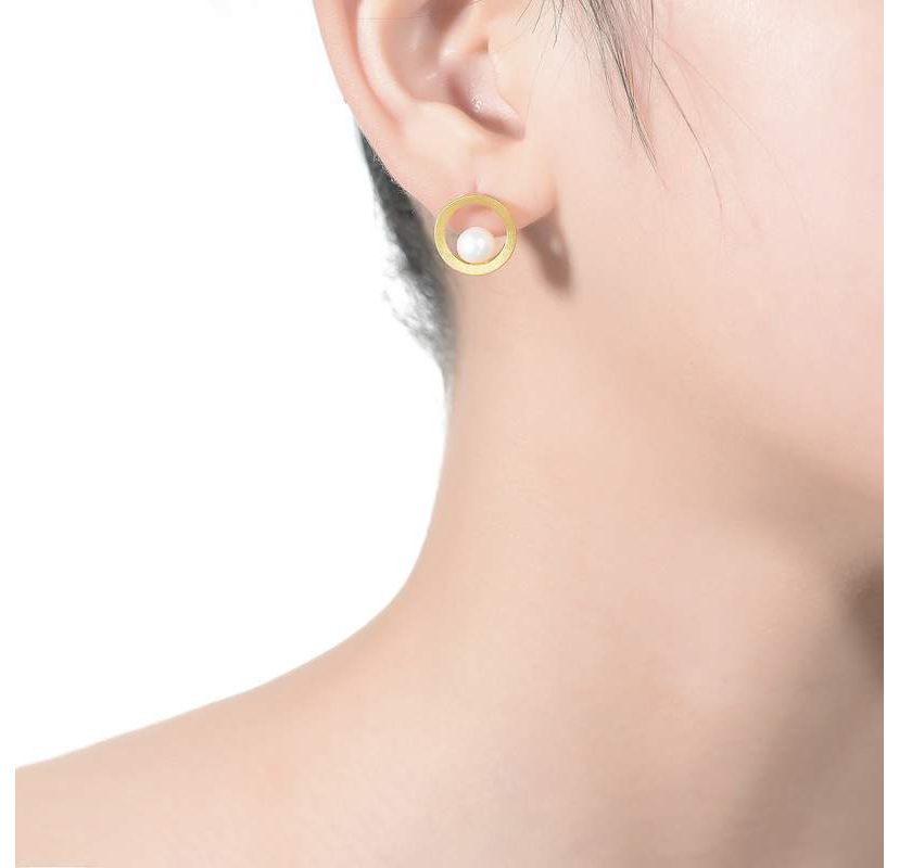 Lab Created Sterling Silver 14K Gold Plated with Genuine Freshwater Round Pearl Stud Earrings
