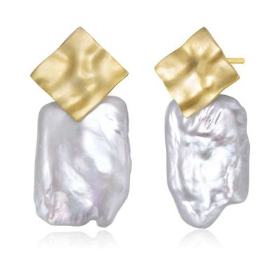 Rozzato Lab Created Sterling Silver 14K Gold Plated with White Genuine Freshwater Pearl Drop Square Earrings