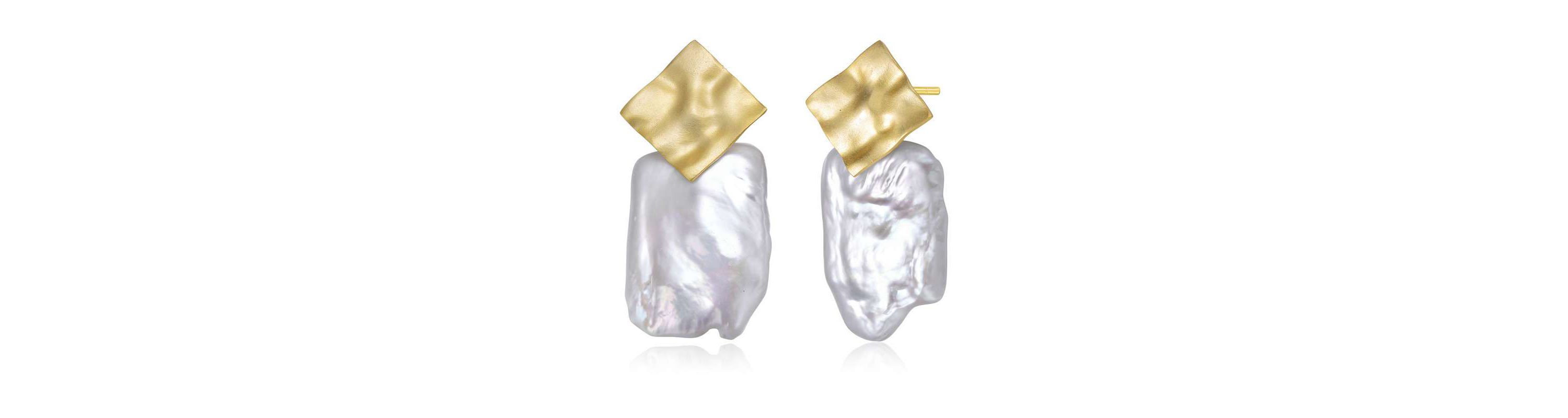 Lab Created Sterling Silver 14K Gold Plated with White Genuine Freshwater Pearl Drop Square Earrings