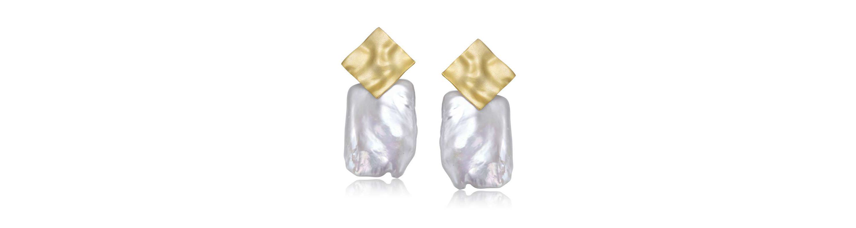 Lab Created Sterling Silver 14K Gold Plated with White Genuine Freshwater Pearl Drop Square Earrings