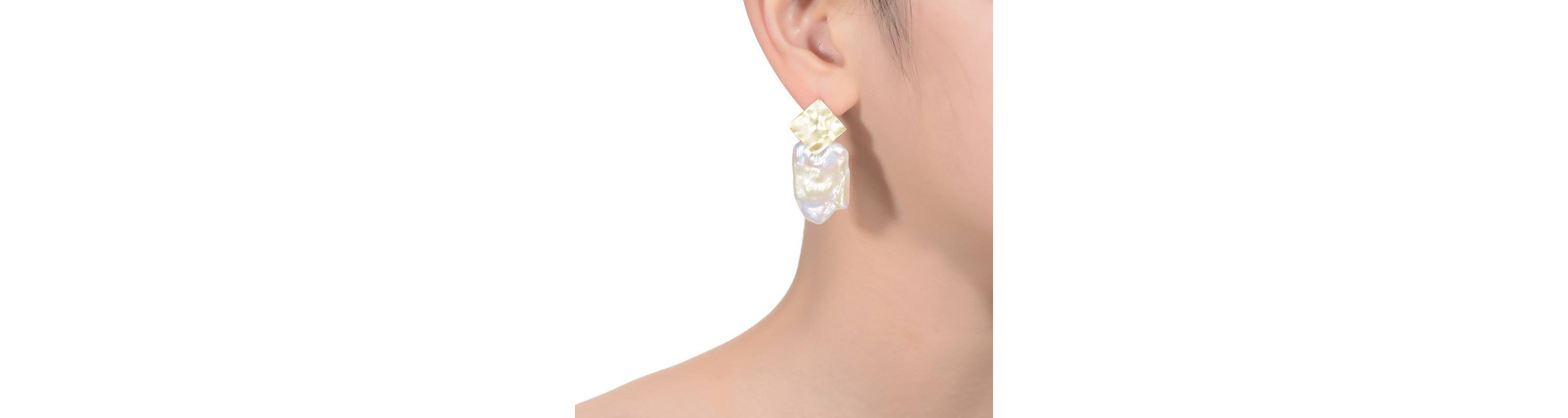 Lab Created Sterling Silver 14K Gold Plated with White Genuine Freshwater Pearl Drop Square Earrings