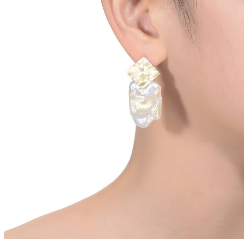 Lab Created Sterling Silver 14K Gold Plated with White Genuine Freshwater Pearl Drop Square Earrings