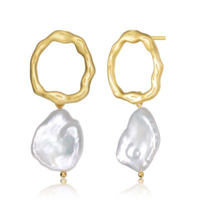 Rozzato Lab Created Sterling Silver 14K Gold Plated with White Genuine Freshwater Pearl Drop Round Earrings