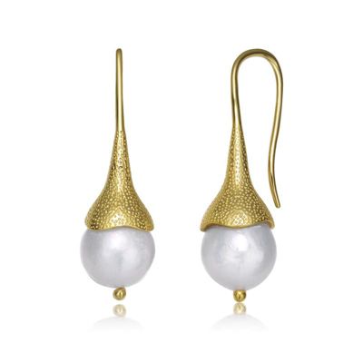 Lab Created Rozzato Sterling Silver 14K Gold Plated with Genuine Freshwater Pearl Hook Earrings