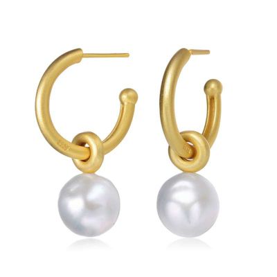 Rozzato Lab Created Sterling Silver 14K Gold Plated with White Round Genuine Freshwater Pearl Hoop Earrings