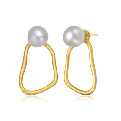 Rozzato Lab Created Sterling Silver 14K Gold Plated with White Genuine Freshwater Round Pearl Drop Earrings