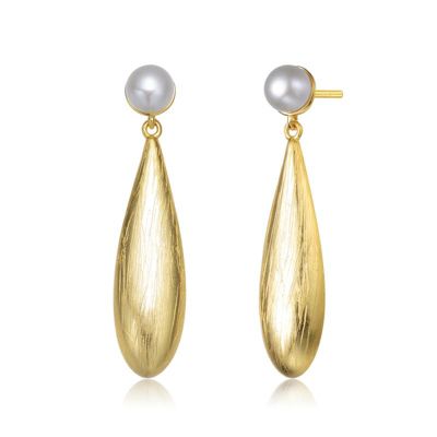 Lab Created Rozzato Sterling Silver 14K Gold Plated with Genuine Freshwater Drop Pearl Modern Earrings