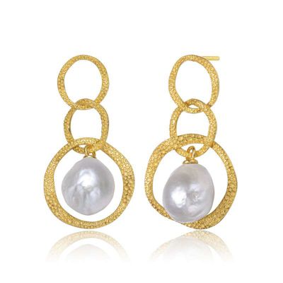 Rozzato Lab Created Sterling Silver 14K Gold Plated with White Genuine Freshwater Drop Pearl Modern Earrings