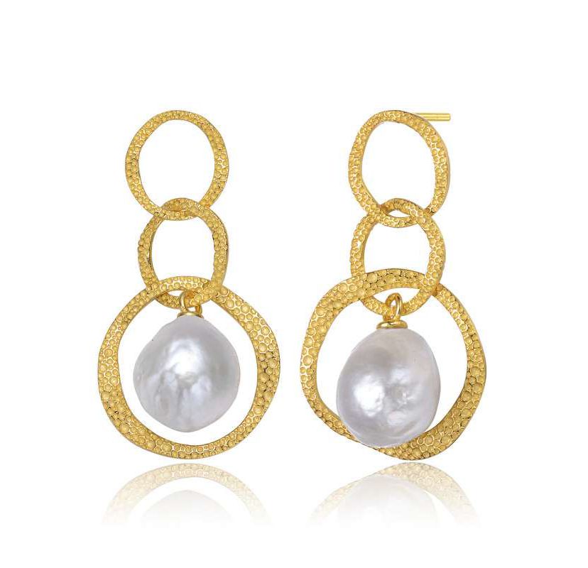 Lab Created Sterling Silver 14K Gold Plated with White Genuine Freshwater Drop Pearl Modern Earrings