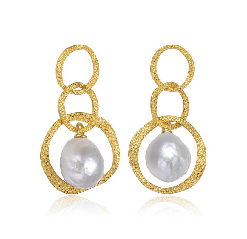 Lab Created Sterling Silver 14K Gold Plated with White Genuine Freshwater Drop Pearl Modern Earrings
