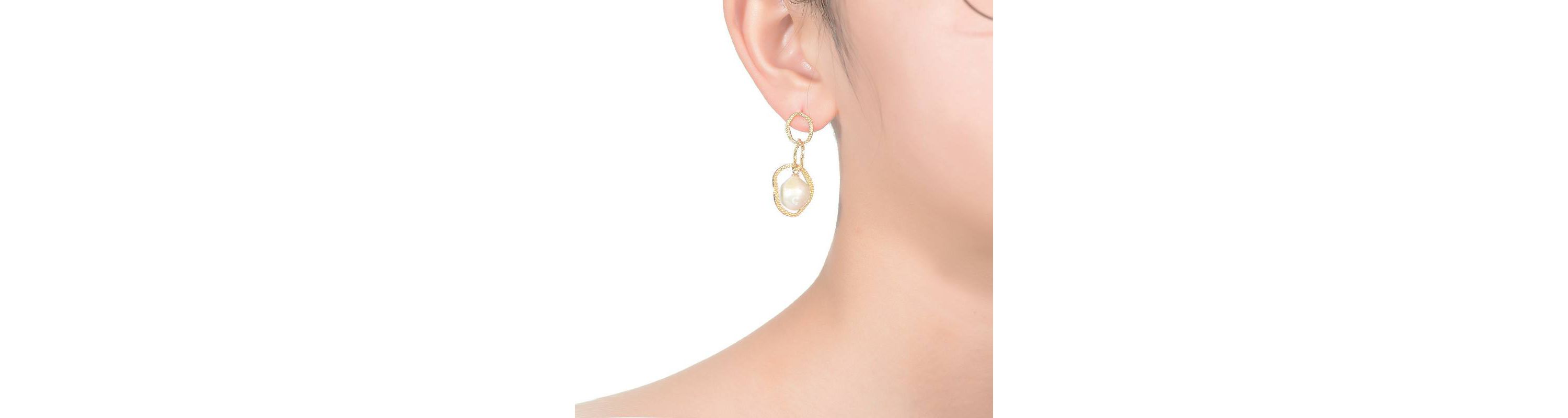 Lab Created Sterling Silver 14K Gold Plated with White Genuine Freshwater Drop Pearl Modern Earrings