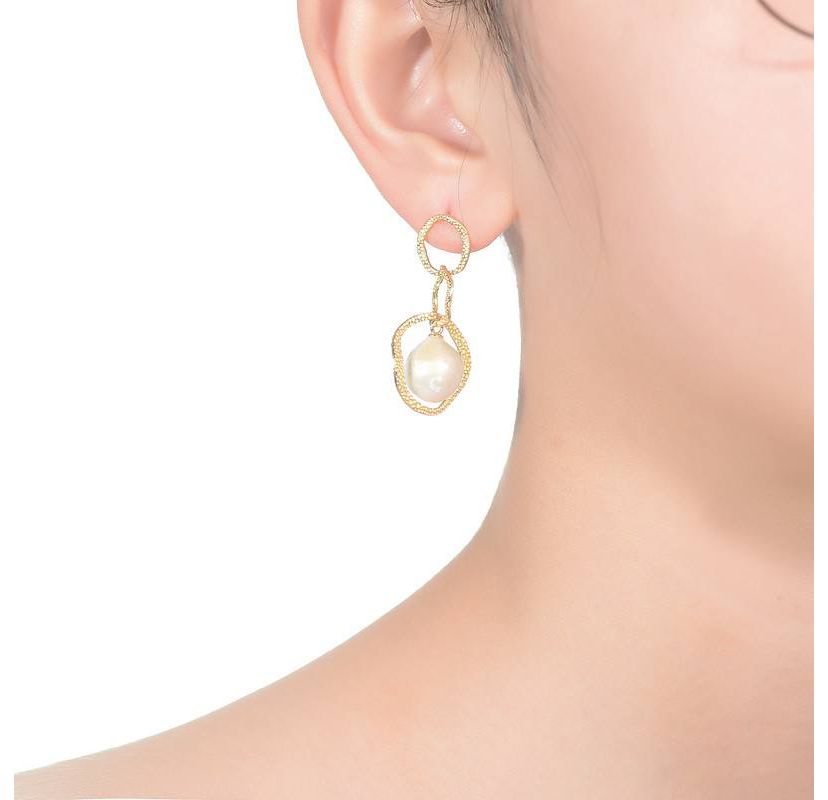 Lab Created Sterling Silver 14K Gold Plated with White Genuine Freshwater Drop Pearl Modern Earrings