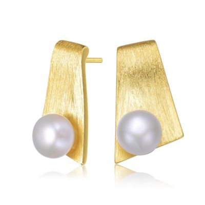 Rozzato Lab Created Sterling Silver 14K Gold Plated with White Genuine Freshwater Round Pearl Unique Earrings