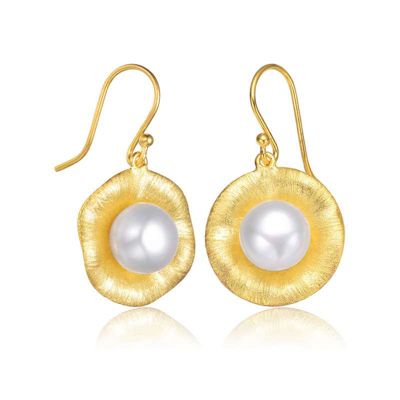 Rozzato Lab Created Sterling Silver 14K Gold Plated with White Genuine Freshwater Round Pearl Hook Earrings