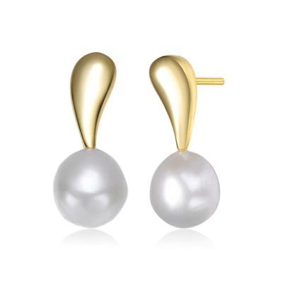 Rozzato Lab Created Sterling Silver 14K Gold Plated with White Genuine Freshwater Round Pearl Stud Earrings