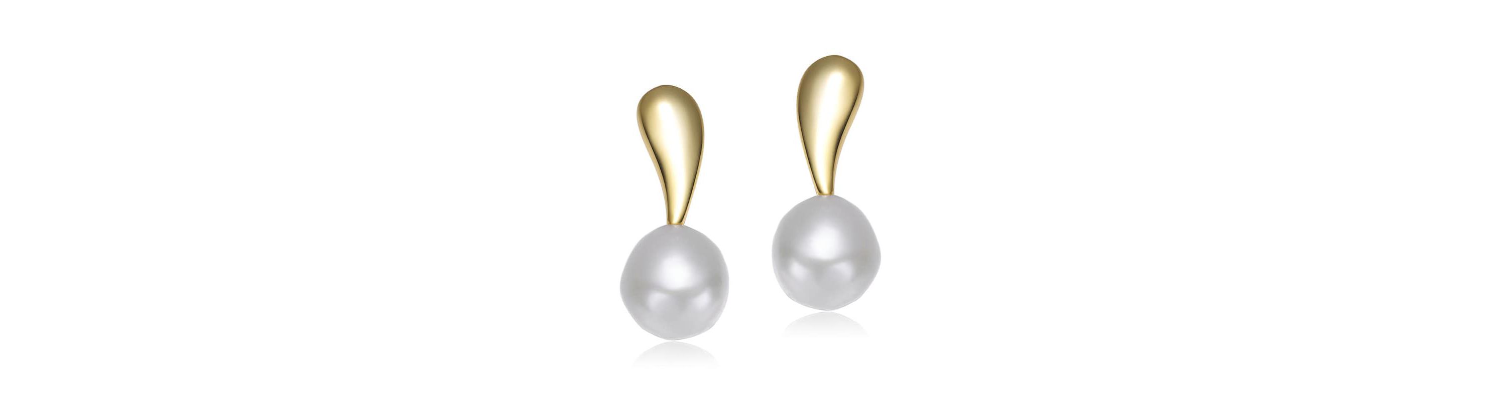 Lab Created Sterling Silver 14K Gold Plated with White Genuine Freshwater Round Pearl Stud Earrings