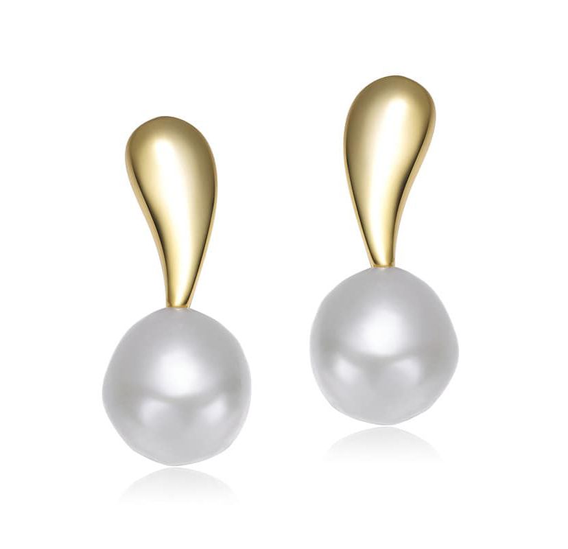 Lab Created Sterling Silver 14K Gold Plated with White Genuine Freshwater Round Pearl Stud Earrings