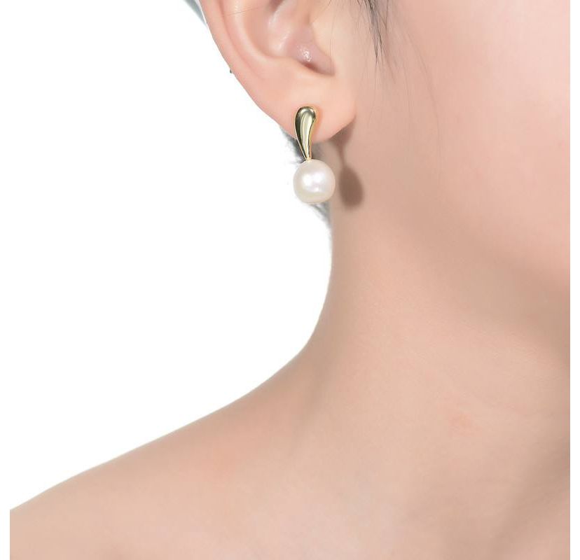 Lab Created Sterling Silver 14K Gold Plated with White Genuine Freshwater Round Pearl Stud Earrings