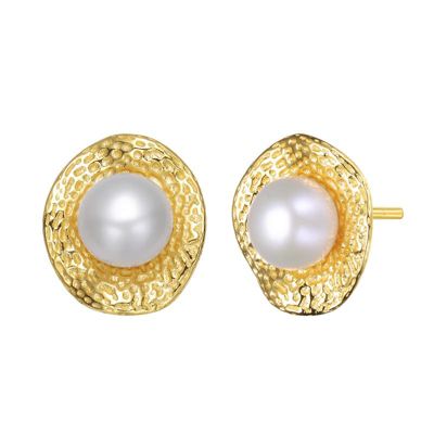 Rozzato Lab Created Sterling Silver 14K Gold Plated with White Genuine Freshwater Pearl Hammered Stud Earrings
