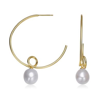 Rozzato Lab Created Sterling Silver 14K Gold Plated with White Genuine Freshwater Round Pearl Hoop Earrings