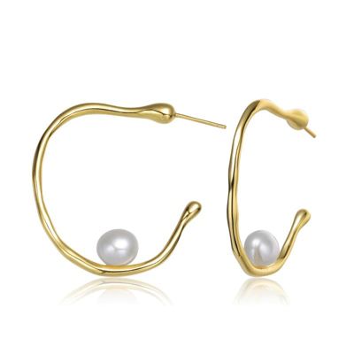 Rozzato Lab Created Sterling Silver 14K Gold Plated with White Genuine Freshwater Pearl Hoop Earrings