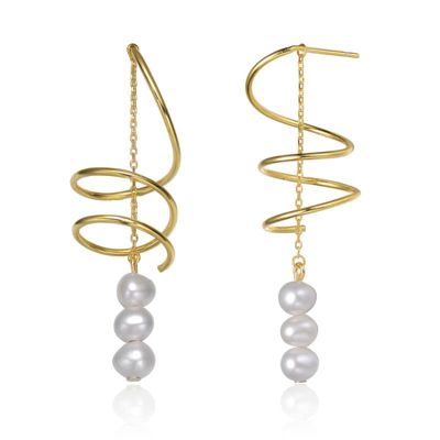Lab Created Rozzato Sterling Silver 14K Gold Plated with Genuine Freshwater Pearl Drop Earrings