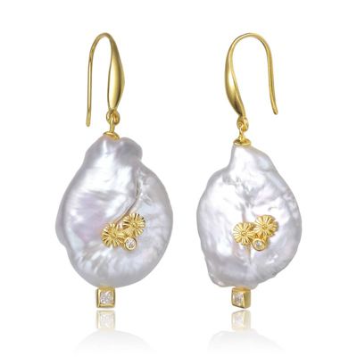 Rozzato Lab Created Sterling Silver 14K Gold Plated with White Genuine Freshwater Pearl Hook Earrings