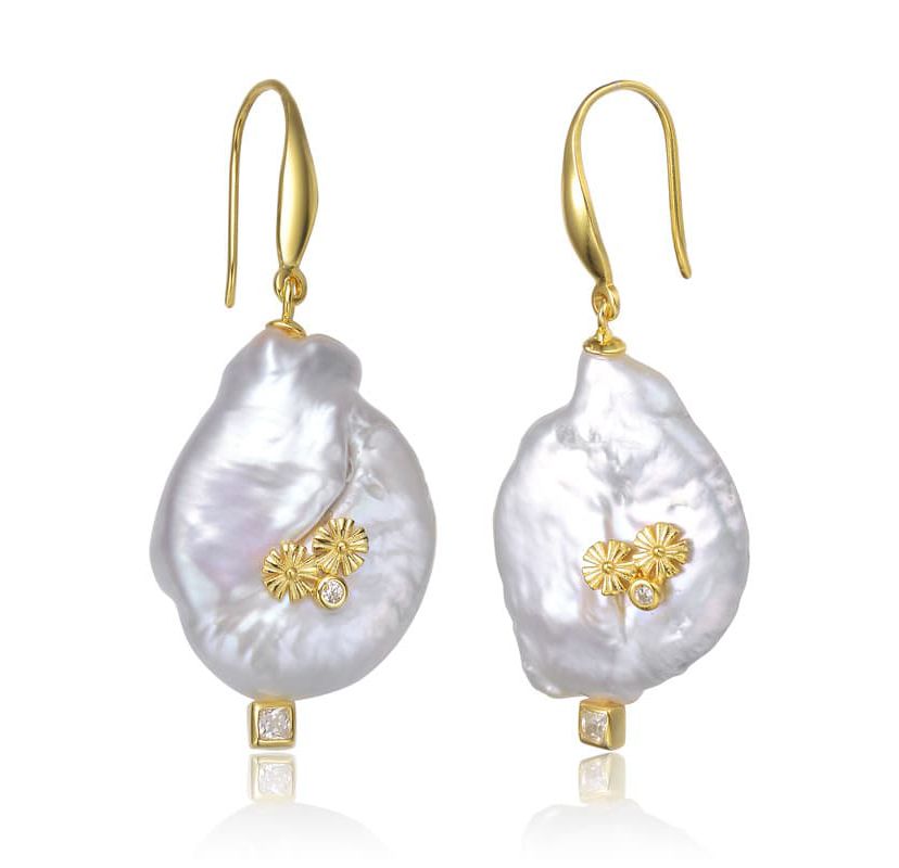 Lab Created Sterling Silver 14K Gold Plated with White Genuine Freshwater Pearl Hook Earrings