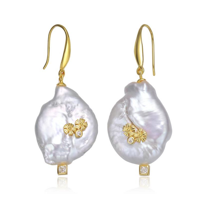 Lab Created Sterling Silver 14K Gold Plated with White Genuine Freshwater Pearl Hook Earrings