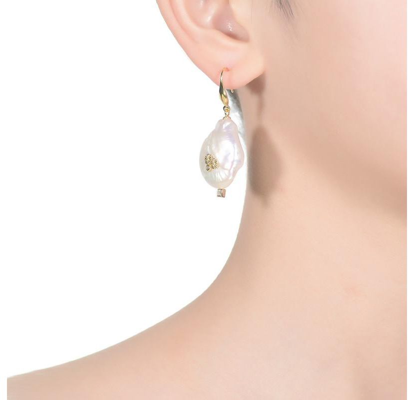 Lab Created Sterling Silver 14K Gold Plated with White Genuine Freshwater Pearl Hook Earrings