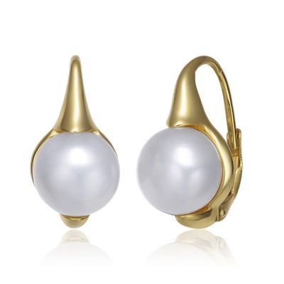 Rozzato Lab Created Sterling Silver 14K Gold Plated with White Genuine Freshwater Pearl Leverback Earrings