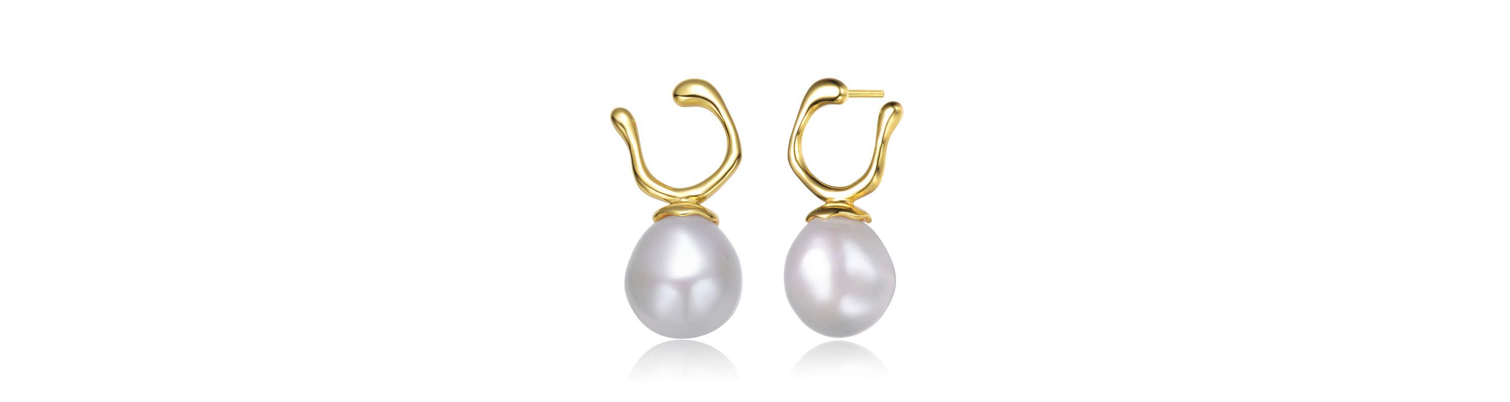 Lab Created Sterling Silver 14K Gold Plated with White Genuine Freshwater Pearl Hook Earrings
